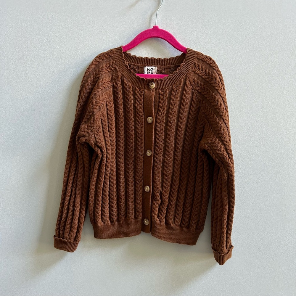 Noma Brown Cable Pointelle Cardigan Sweater, Size 8